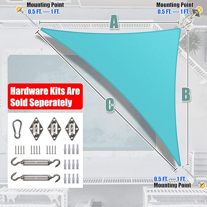 Amgo Custom Size 7' x 11' x 13' Turquoise Triangle Sun Shade Sail UPF50+ AGTAPRT12, Order to Make Canopy Awning, 95% UV Blockage, Water & Air Permeable, Commercial Standard (We Customize)