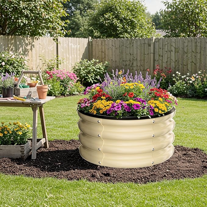 ZXZYHFTY Round Galvanized Raised Garden Bed kit,White Outdoor Garden Raised Planter Box, Round Large Metal Raised Garden Beds for Vegetable 2 * 2 * 1ft 1Pack
