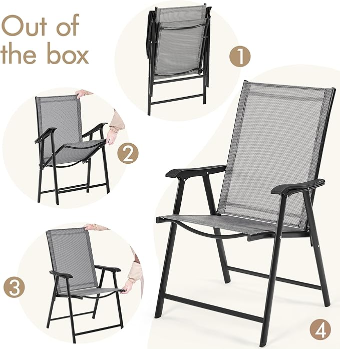 Yaheetech Patio Dining Chairs Set of 4 with Armrests, Outdoor Folding Chairs with Metal Frame and Backrest for Lawn, Garden, Yard and Poolside, Gray