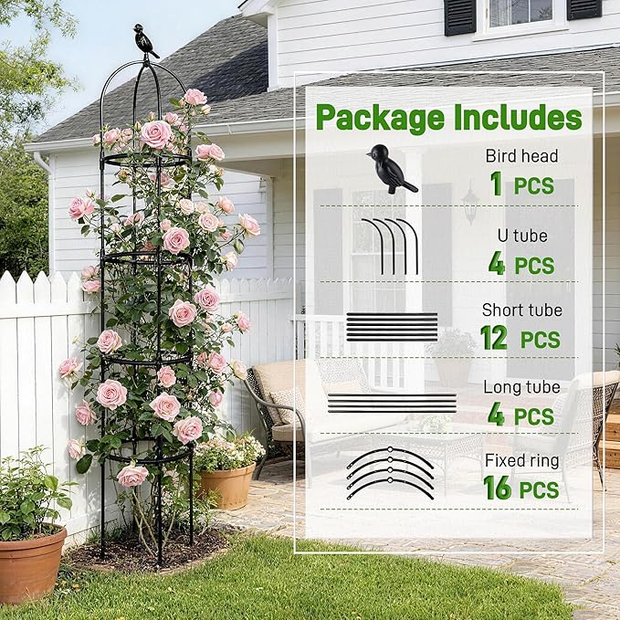 6ft Garden Obelisk Trellis for Climbing Plants-Rustproof Metal Pipe with Heavy Duty Plastic Coated, Garden Outdoor Indoor Potted Plant Support for Clematis Vine Jasmine Support （Black）