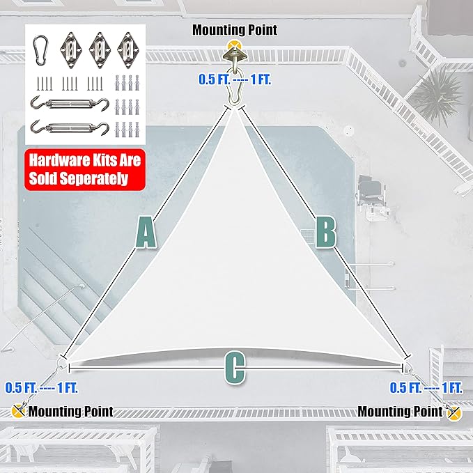 Amgo Custom Size 20' x 20' x 20' White Triangle Sun Shade Sail UPF50+ AGTAPRT12, Order to Make Canopy Awning, 95% UV Blockage, Water & Air Permeable, Commercial Standard (We Customize)