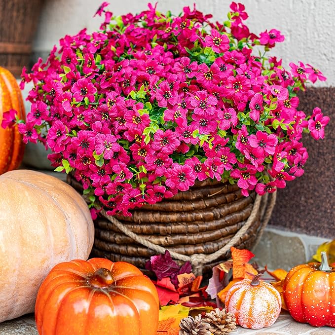 Artificial Flowers for Outdoors Fake Plants - 16 Bundles Faux Outside Greenery Boxwood No Fade Plastic Shrubs Fall Decor Farmhouse Home Garden Thanksgiving Mums (Red)