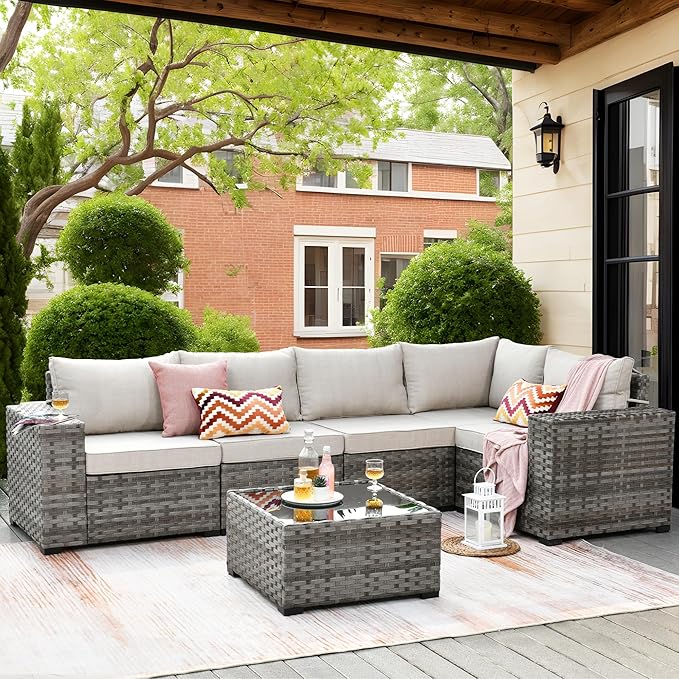 ovios 6 Pieces Patio Furniture Set, Outdoor Wicker Sectional Sofa with Glass Table Comfy Cushions, Modern Modular Deep Seat Couch Rattan Conversation Set, Beige