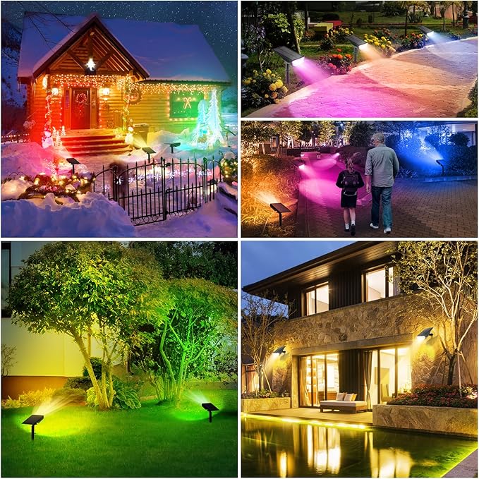 Solar Color Changing Spot Lights Outdoor, Multi-color RGB Solar Landscape Lights IP67 Waterproof, 9 Lighting Modes Solar Powered Spotlights for Christmas Holiday Decorations Yard Garden, 4-Pack