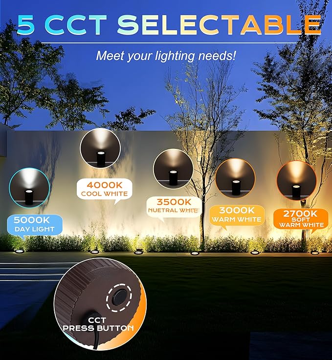 [6 Pack] CLOUDY BAY 9W LED Landscape Well Lights,2700K/3000K/3500K/4000K/5000K Selectable,Low Voltage 12V/24V Ground Lighting,Waterproof Outdoor In Ground Lights for Uplights,Bronze