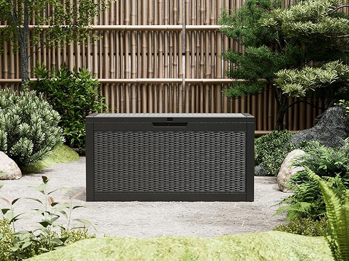 Outdoor Storage Box, Resin Deck Boxes Indoor and outdoor, Waterproof Storage Box Lockable Lid (Black, 70 Gallon)
