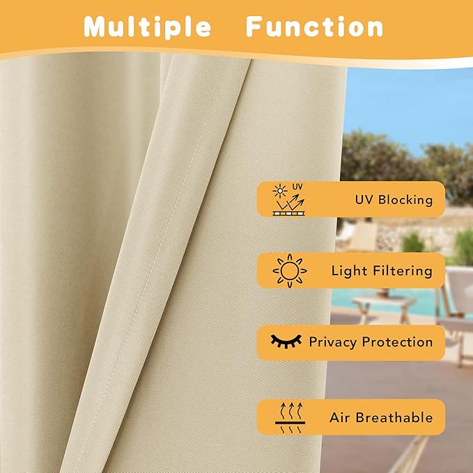 HolidayIdeas Outdoor Curtains for Patio Waterproof, 2 Panels - 54 x 95 Inch - Privacy Protection & Light Filtering Curtains Grommet Outside Curtains for Porch, Gazebo, Pergola, Backyard (Cream)