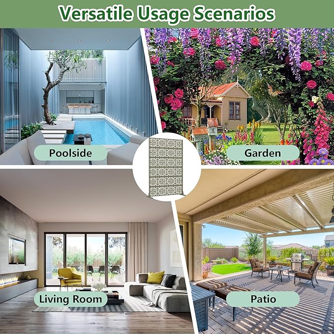 Casaphoria Metal Privacy Screen Outdoor, 72" H x 47" W Freestanding Decorative Privacy Screen for Patio Deck Balcony Garden with Stable Base, Green-Perilla