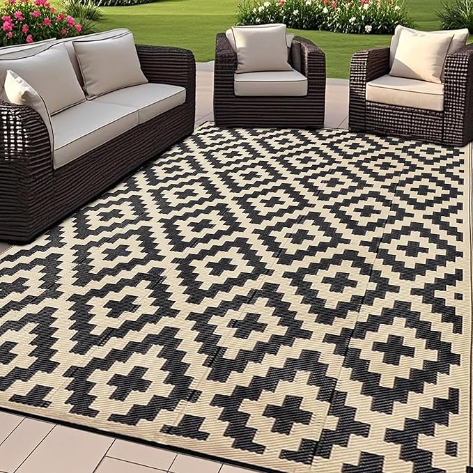 SAND MINE Reversible Mats, Plastic Straw Rug, Modern Area Rug, Large Floor Mat and Rug for Outdoors, RV, Patio, Backyard, Deck, Picnic, Beach, Trailer, Camping, Black & Beige, 6' x 9'