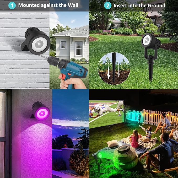 T-SUNUS Color Changing Solar Landscape Spotlights 4 Pack, IP65 Waterproof RGB Spot Lights 9.8ft Cable, Separated Panel Garden Light for Flag Outdoor Yard Driveway Porch Walkway Pool Patio
