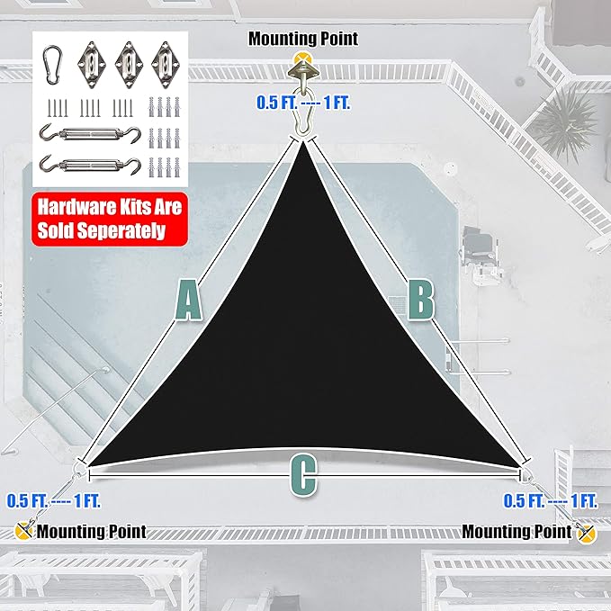Amgo Custom Size 6' x 6' x 6' Black Triangle Sun Shade Sail Order to Make Canopy Awning UPF50+ AGSLT, 95% UV Blockage, Water & Air Permeable, 200GSM Commercial Standard (We Customize)