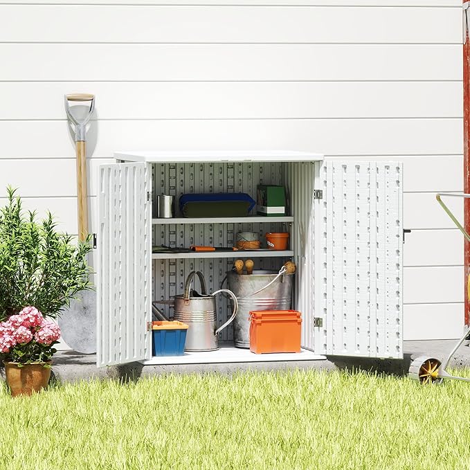 EHHLY Heavy Duty Small Storage Cabinet Outdoor Weatherproof, 14 Cuft Garage Storage Cabinet with 2 Adjustable Shelves, Lockable Kitchen Pantry Closer Organizer, 31Wx23Lx34H, Polar White