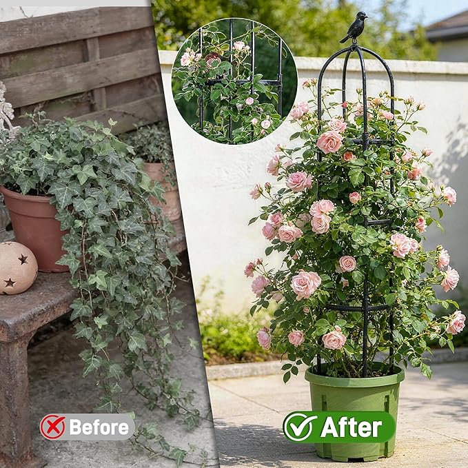 6ft Garden Obelisk Trellis for Climbing Plants-Rustproof Metal Pipe with Heavy Duty Plastic Coated, Garden Outdoor Indoor Potted Plant Support for Clematis Vine Jasmine Support （Black）