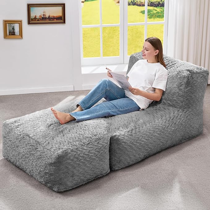 Hobestluk Bean Bag Chair Big Bean Bag Lounger for Adults Bean Bag Couch with Memory Foam Filled for Living Room, Bedroom or Balcony (Chevron Plush Grey)