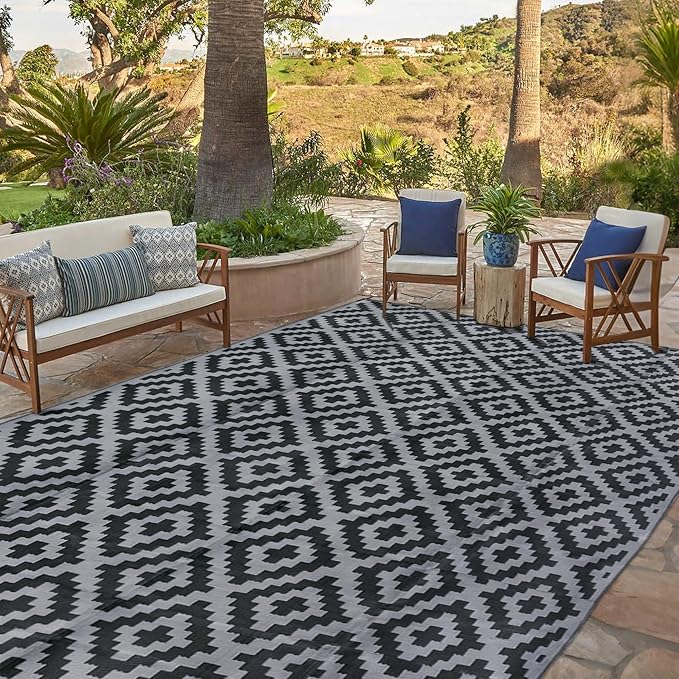 SAND MINE Waterproof Outdoor Rug 10x20 ft, Plastic Reversible Rug, Modern Area Rug, Large Floor Mat for Outdoors, RV, Patio, Backyard, Deck, Picnic, Beach, Camping