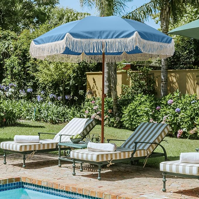 AMMSUN 7ft Patio Umbrella with Fringe Outdoor Tassel Umbrella UPF50+ Premium Steel Pole and Ribs Push Button Tilt, Sky Blue