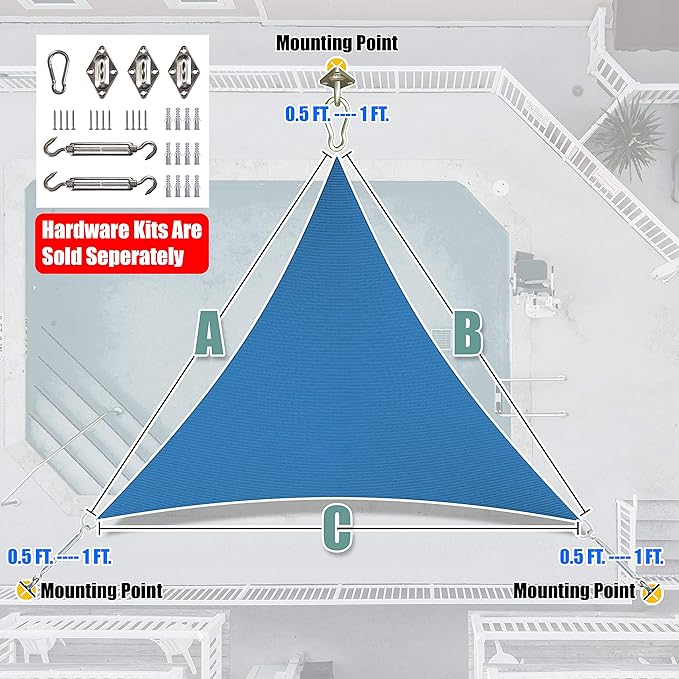 Amgo 20' x 20' x 20' Blue Triangle Sun Shade Sail Outdoor Canopy Awning UPF50+ AGTAPRT12, 95% UV Blockage, Water & Air Permeable, Commercial Standard Heavy Duty (We Make Custom Size)
