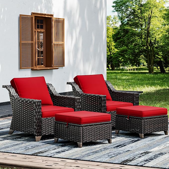 Joyside Wicker Patio Furniture Sets, 4 Pieces Upgraded Large Size Outdoor Furniture with Patio Dining Chairs and Outdoor Ottoman, Thick Cushions, Wide Armrest