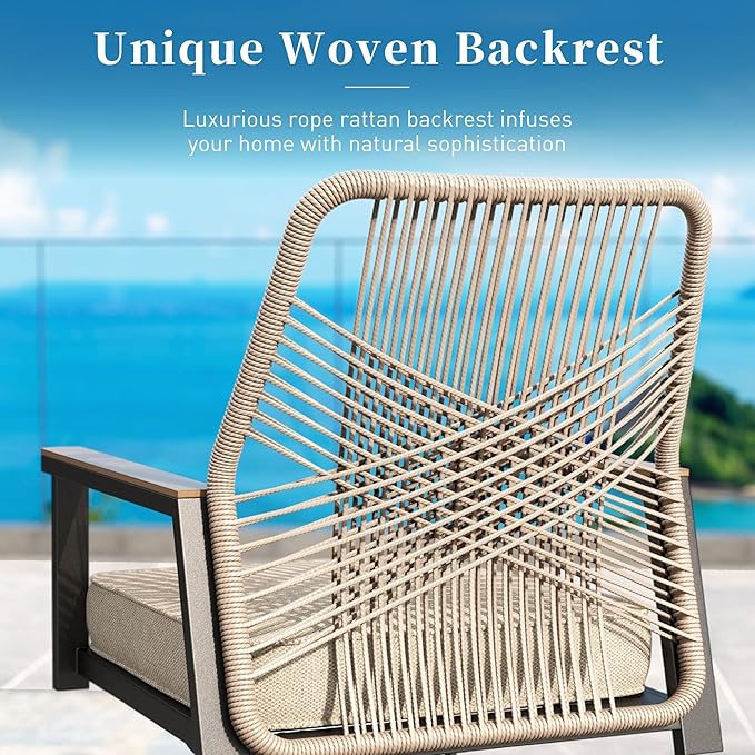 Patio Dining Set 7 Piece, 6 x Woven Rattan Swivel Chairs with Waterproof Cushion, 59" Rectangular Metal Dining Table with Umbrella Hole, Outdoor Table and Chairs Set for Backyard Lawn and Deck, Beige