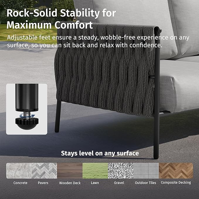 EAST OAK 5-Piece Patio Furniture Set | Life Chatter 5-Seat Outdoor Furniture | Deep Seating & Two Coffee Tables | Waterproof Extra-Thick Cushions | Porch, Balcony & Backyard | Earth Black & Misty Grey
