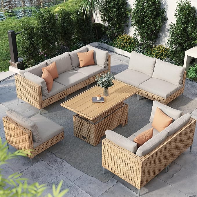 Grand patio 9-Piece Wicker Patio Furniture Set with Lift Top Coffee Storage Table, Outdoor Conversation Set Sectional Sofa with Water Resistant Thick Cushions, Cream