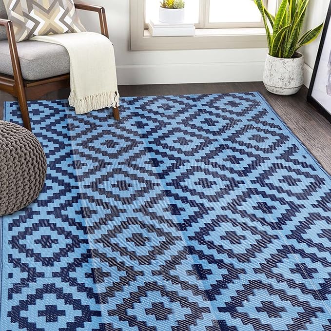 SAND MINE Reversible Mats, Plastic Straw Rug, Modern Area Rug, Large Floor Mat and Rug for Outdoors, RV, Patio, Backyard, Deck, Picnic, Beach, Trailer, Camping, Blue, 5' x 8'