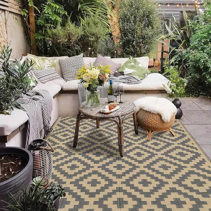 SAND MINE Reversible Mats, Plastic Straw Rug, Modern Area Rug, Large Floor Mat and Rug for Outdoors, RV, Patio, Backyard, Deck, Picnic, Beach, Trailer, Camping, Grey & Tan, 5' x 8'