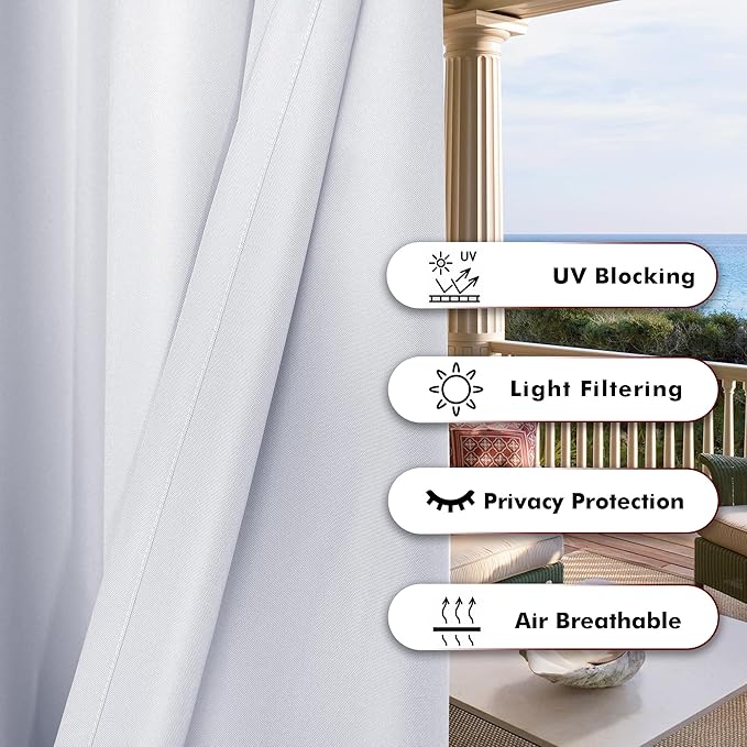 BONZER Outdoor Waterproof Curtains for Patio Extra Wide Grommet Light Filtering Outside Curtains for Gazebo, Porch, Pergola, Pavilion, 1 Panel, 150W x 108L inch, White