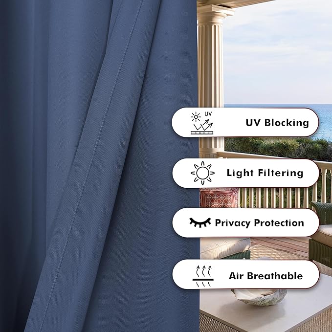 BONZER Outdoor Curtains for Patio Waterproof Thick Privacy Grommet Light Filtering Outside Curtains for Porch Pergola Gazebo Deck, 1 Panel, 54W x 120L inch, Navy