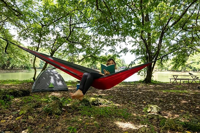 Durable Hammock 400 lb Capacity, Nylon Camping Hammock Chair - Double or Single Sizes w/Tree Straps and Attached Carry Bag - for Travel/Backpacking/Beach/Backyard (Medium, Black & Light Grey)