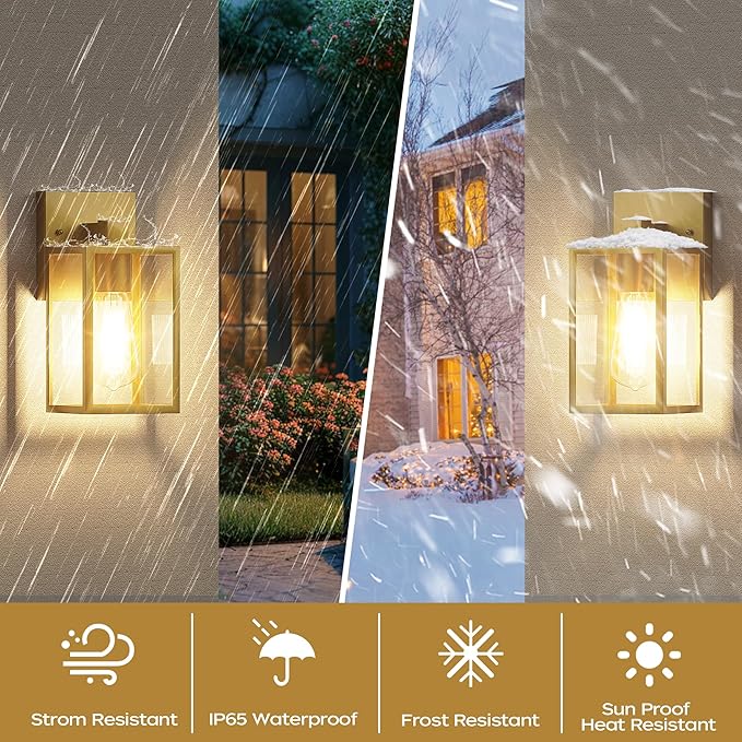 WIHTU Gold Outdoor Exterior Light Fixture for House, LED Front Porch Lights for House, Waterproof Wall Sconce Lantern Lamp, Outside Coach Lights for Patio, Garage, Doorway, Entryway