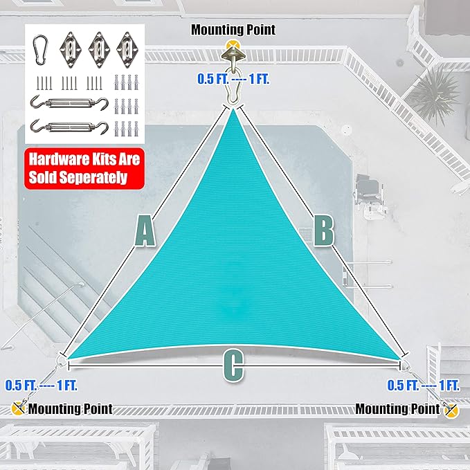 Amgo 22' x 22' x 22' Turquoise Triangle Sun Shade Sail Outdoor Canopy Awning UPF50+ AGTAPRT12, 95% UV Blockage, Water & Air Permeable, Commercial Standard Heavy Duty (We Make Custom Size)