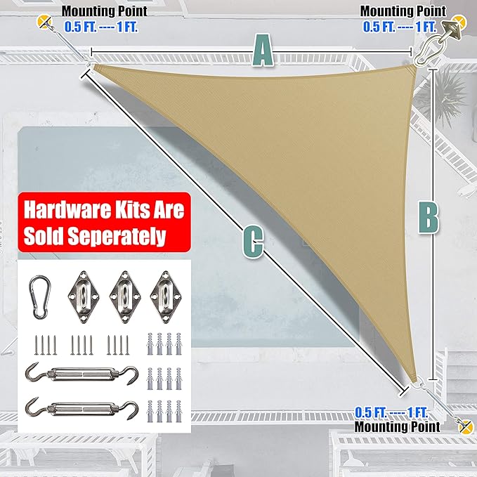 Amgo Custom Size 14' x 17' x 22' Sand Beige Right Triangle Sun Shade Sail Order to Make Canopy Awning UPF50+ AGSLT, 95% UV Blockage, Water & Air Permeable, 200GSM Commercial Standard (We Customize)