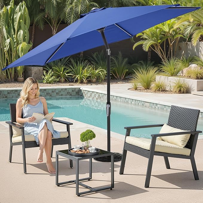 OLIXIS 7.5ft Patio Umbrella with Tilt and Crank Button & 8 Sturdy Ribs Waterproof, Patio Table Umbrella Perfect for Poolside, Terrace, Beach and Outdoor Restaurant, Blue