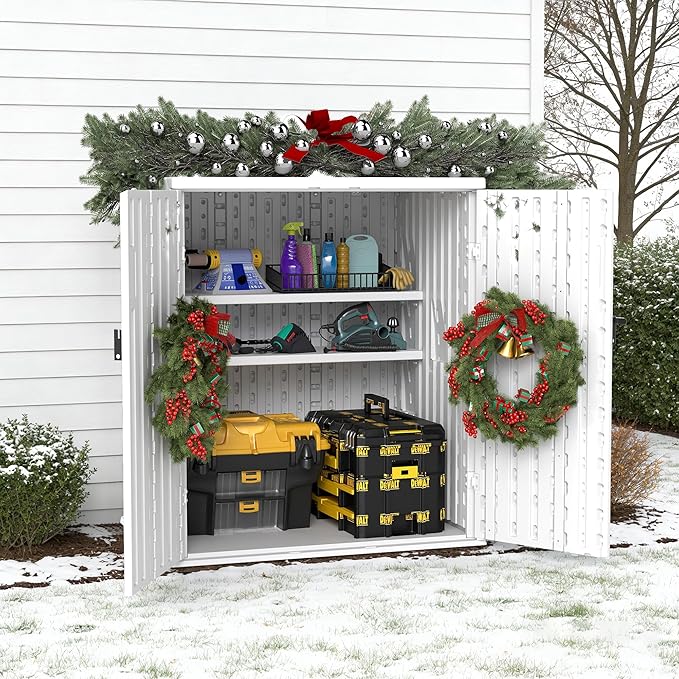 EHHLY Heavy Duty Small Storage Cabinet Outdoor Weatherproof, 14 Cuft Garage Storage Cabinet with 2 Adjustable Shelves, Lockable Kitchen Pantry Closer Organizer, 31Wx23Lx34H, Polar White