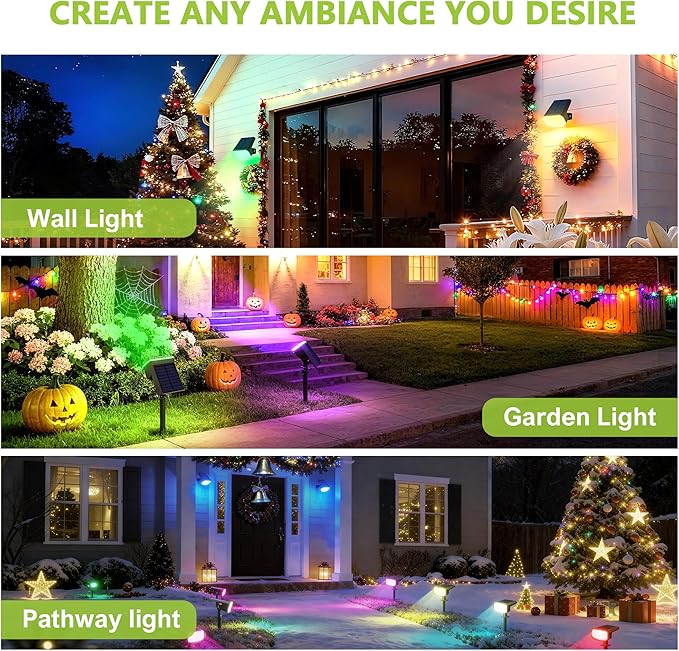 DAMINY Color Changing Solar Spot Lights 9 Lighting Modes, Outdoor Waterproof IP65,Multicolor RGB Christmas Spotlight for Gardens, Porches, Landscape, Yard Deconrations-4 Pack