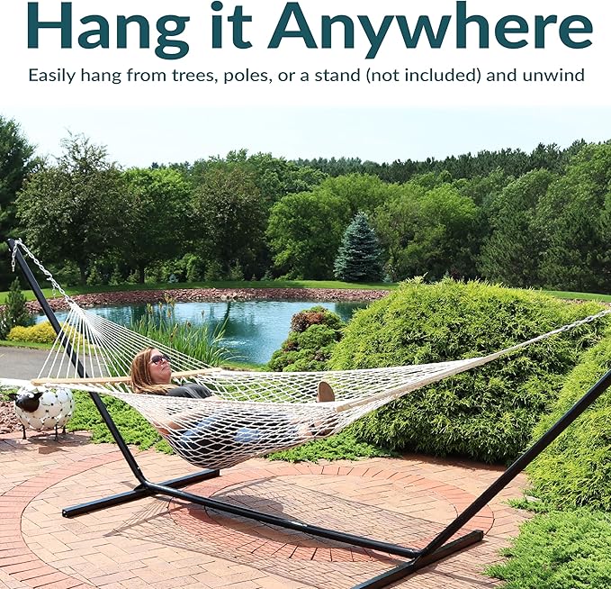 Sunnydaze Cotton Rope Hammock for Outside - 450-Pound Capacity Indoor or Outdoor Hammock with Spreader Bars - Natural