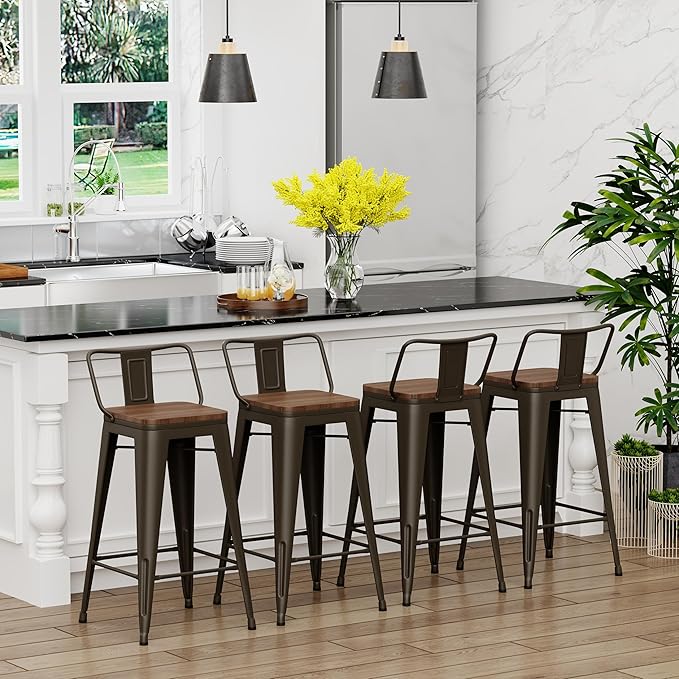 Yongchuang 30 inch Bar Stools Set of 4 Bar Height Metal Barstools with Wood Seat Low Back Kitchen Bar Chairs Gunmetal