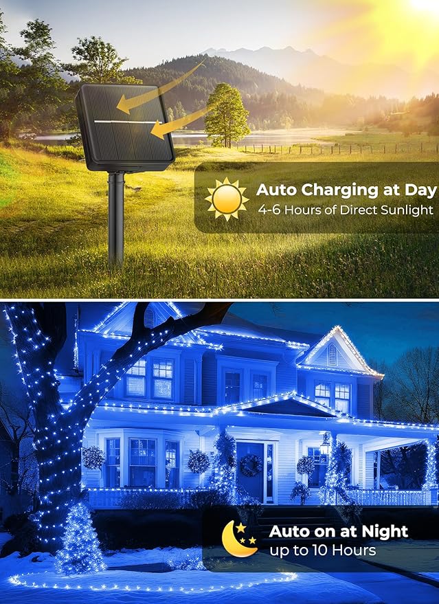 2-Pack 400LED 170FT Total Solar Outdoor Lights IP65 Waterproof Solar Powered Lights with 8 Lighting Modes for Party Garden Yard Home Holiday Tree Decoration Lighting,Blue