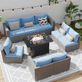 Wisteria Lane Patio Furniture Set for All Wheather, 9 Pieces Wicker Outdoor Furniture Set with Washable Cushions & Fire Pit Table, Oversized Outdoor Sectional for Garden, Poolside, Backyard, Blue