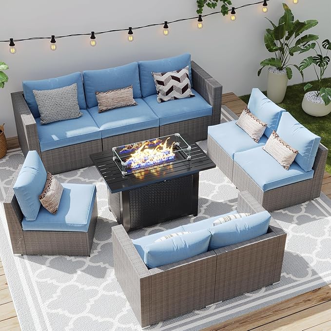 Wisteria Lane Patio Furniture Set for All Wheather, 9 Pieces Wicker Outdoor Furniture Set with Washable Cushions & Fire Pit Table, Oversized Outdoor Sectional for Garden, Poolside, Backyard, Blue