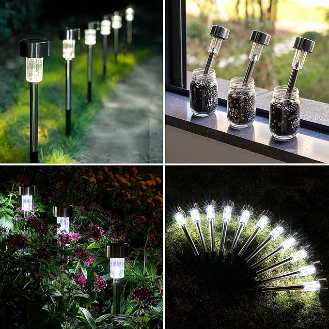 GIGALUMI Solar Pathway Lights, Stainless Steel IP44 Waterproof Auto On/Off Outdoor LED Solar Landscape Lights for Garden, Yard, Patio, Path and Walkway(20 Pack, Cold White)