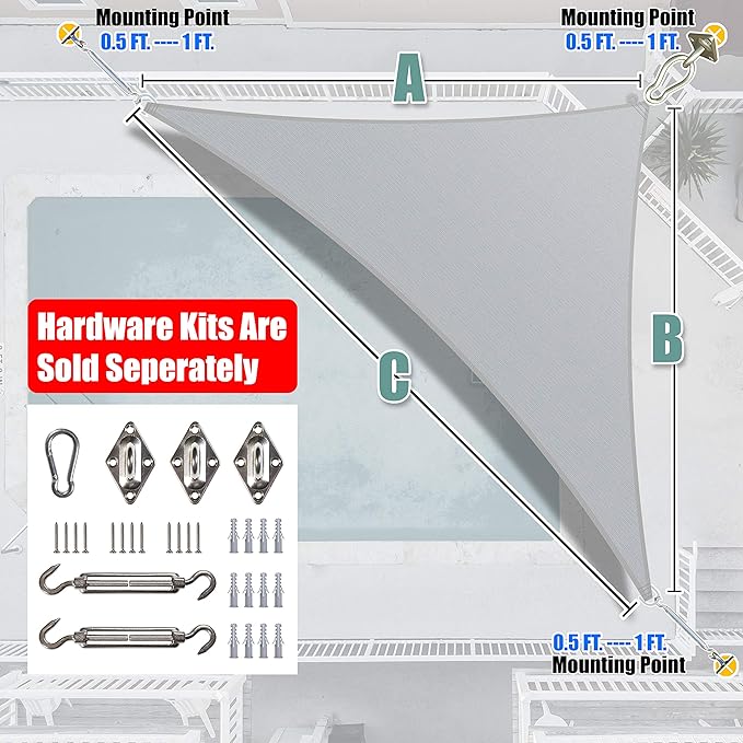 Amgo Custom Size 13' x 22' x 25.6' Grey Right Triangle Sun Shade Sail Order to Make Canopy Awning UPF50+ AGSLT, 95% UV Blockage, Water & Air Permeable, 200GSM Commercial Standard (We Customize)