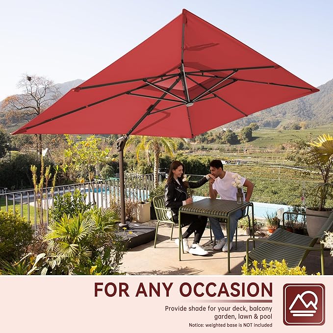 10 X 13 FT Cantilever Outdoor Patio Umbrella with Base Included with Led Lights Large 360° Rotation Double Top Offset Heavy Duty Rectangular Umbrellas for Backyard Outside Deck, Wine Red