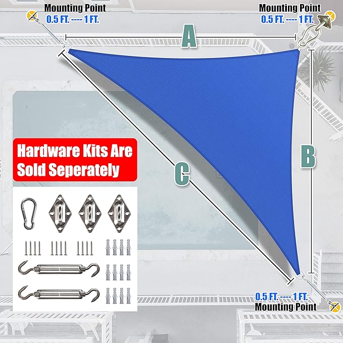 Amgo Custom Size 12' x 16' x 20' Blue Right Triangle Sun Shade Sail Order to Make Canopy Awning UPF50+ AGSLT, 95% UV Blockage, Water & Air Permeable, 200GSM Commercial Standard (We Customize)