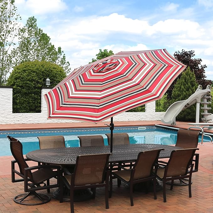 Sunnydaze Outdoor Patio Umbrella - Polyester Table Market Umbrella with Push-Button Tilt and Crank - 8 Sturdy Ribs - Awning Stripe - 9ft
