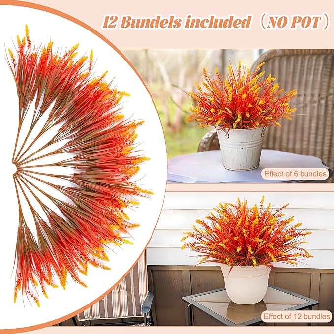 Artificial Fake Plants Flowers for Outdoors Fall Decor, 12 Bundles Fall Leaves Faux Lavender Flowers for Autumn Decoration, Fake Shrubs UV Resistant Planter No Fade for Garden Porch Balcony(Brown)