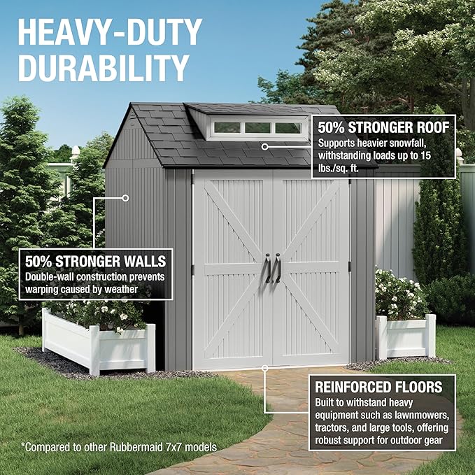 Rubbermaid Resin Outdoor Storage Shed With Floor (7 x 7 Ft) Weather Resistant Gray Organization for Home/Backyard/Garden Tools/Lawn Mower/Bike Storage/Pool Supplies