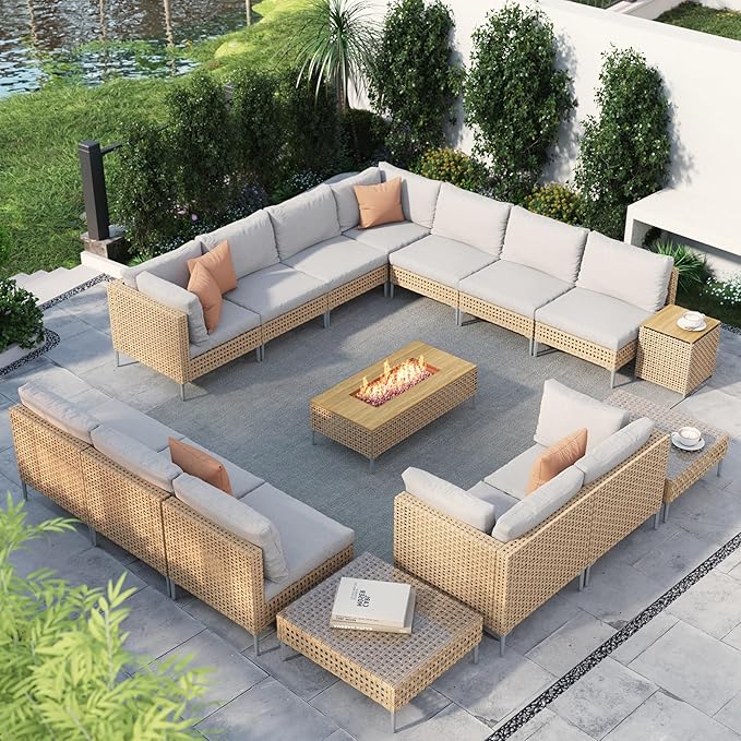 Grand patio 16-Piece Patio Furniture Set with 47" Fire Pit Table, Outdoor Conversation Set & 50,000 BTU 47 Inch Rectangle Propane Fire Pit & Storage Box with Water Resistant Thick Cushions, Cream