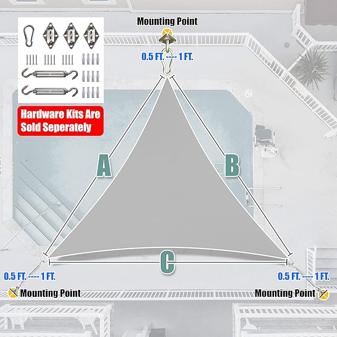 Amgo 20' x 20' x 20' Grey Triangle Sun Shade Sail UPF50+ Canopy Awning AGSLT, 95% UV Blockage, Water & Air Permeable, 200GSM Heavy Duty Commercial and Residential (We Make Custom Sizes)